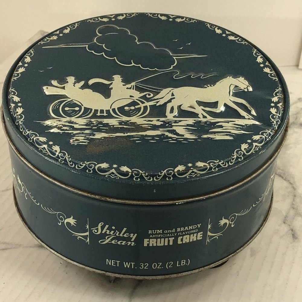 Shirley Jean Fruit Cake Tin Horse & Carriage Blue White Embossed lid Baltimore